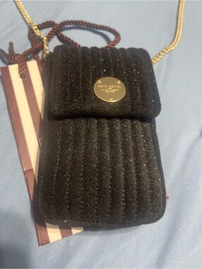 Henri Bendel Black Glitter Quilted Mini Crossbody with Gold Chain